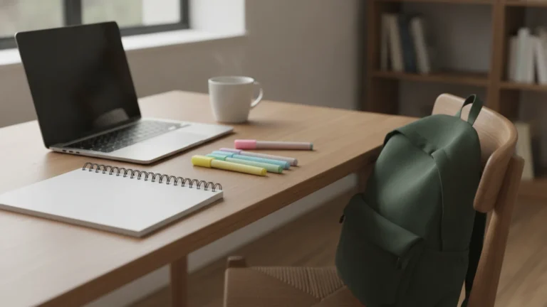 Studentský stůl se sešitem, notebookem a batohem