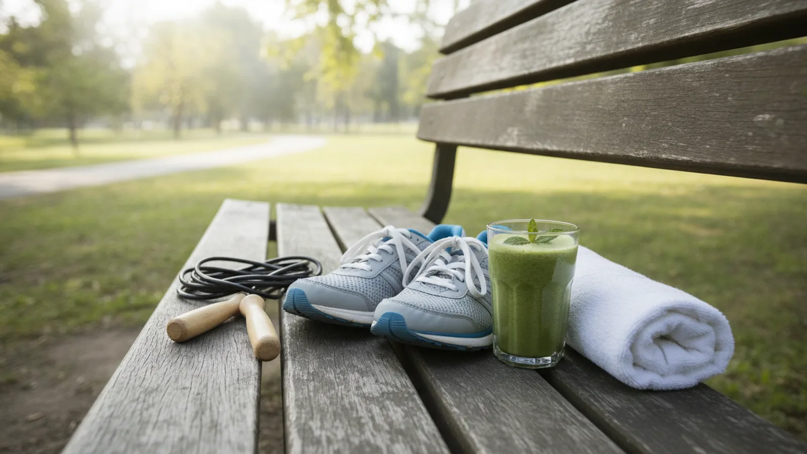 Běžecké boty, švihadlo a zelené smoothie