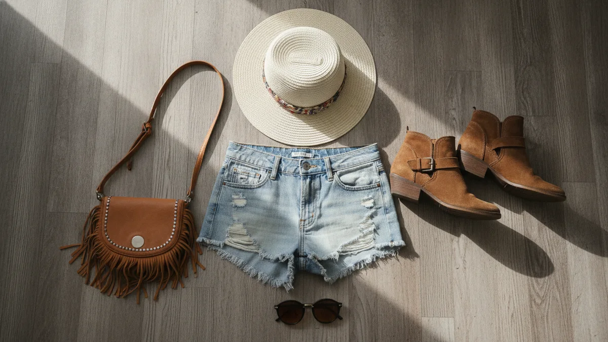 Festivalový outfit: šortky, boty, klobouk a kabelka