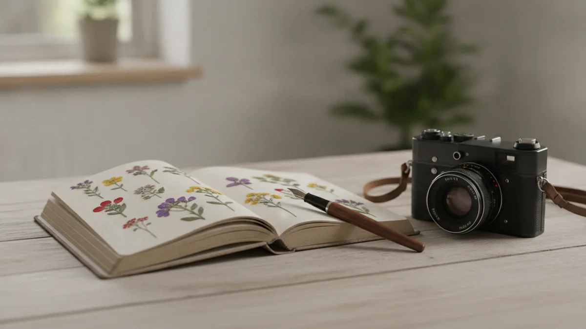 Otevřený cestovní deník s perem a fotoaparátem