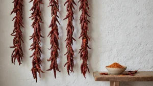 Šňůry sušených chilli papriček na bílé zdi