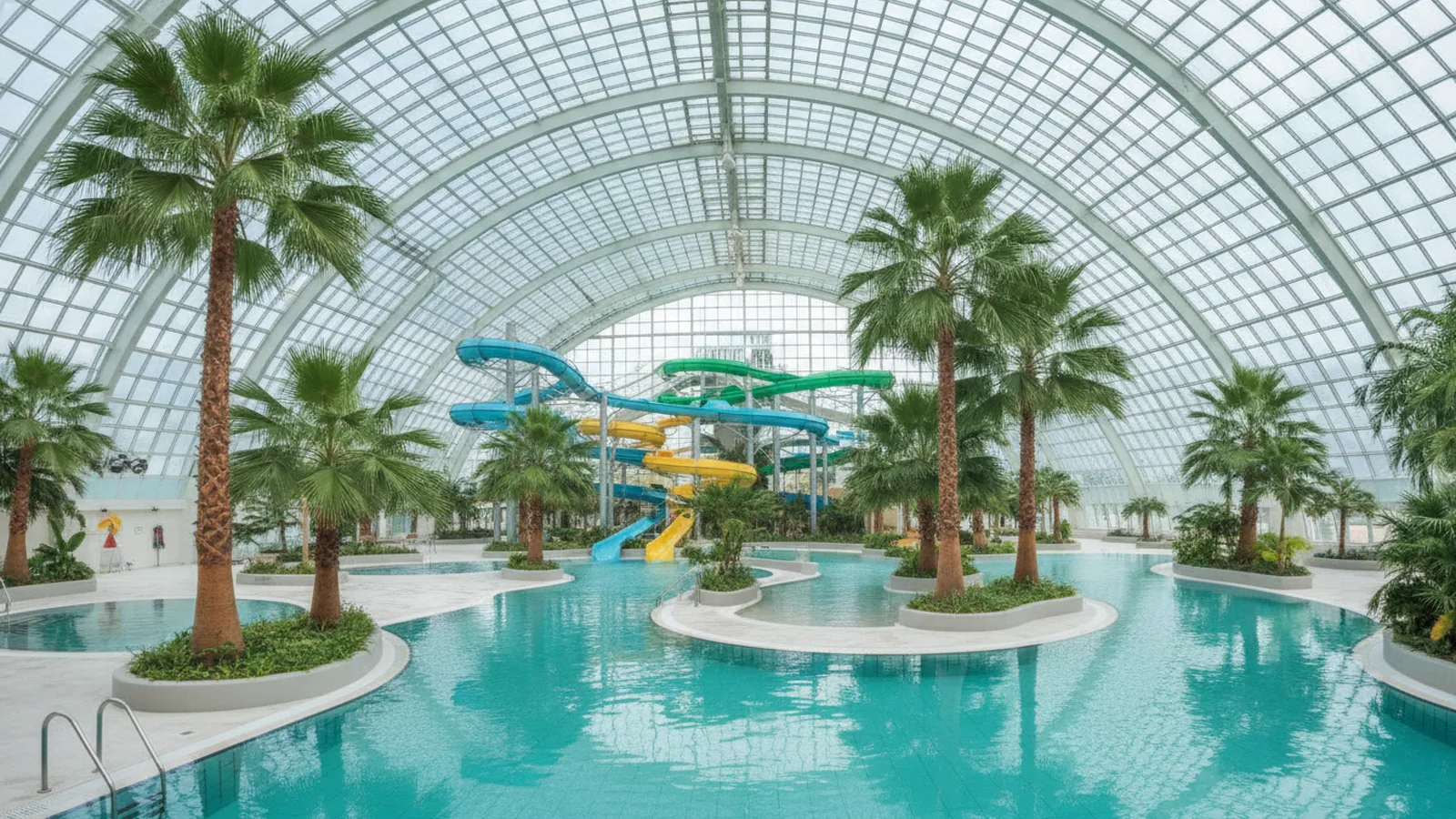 Krytý aquapark s palmami a tobogány