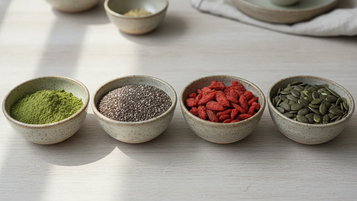 Matcha, chia semínka, goji a dýňová semínka v miskách