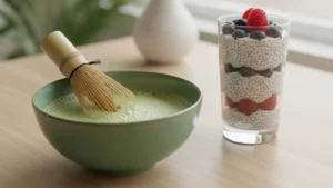 Šlehaná matcha a chia pudink s ovocem