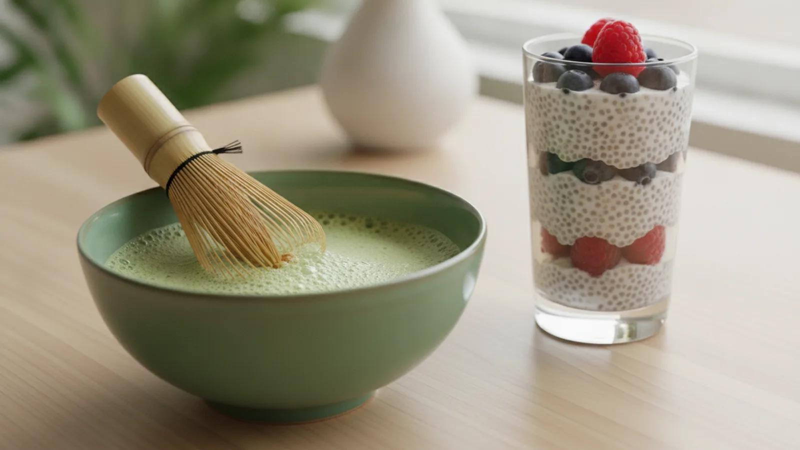 Šlehaná matcha a chia pudink s ovocem