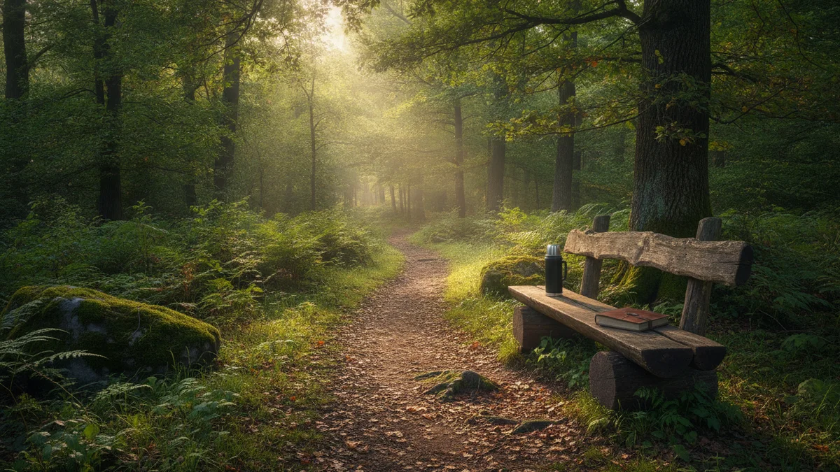 Lavička u lesní cesty s termoskou a zápisníkem