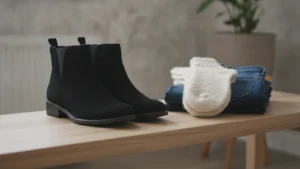 Černé semišové kotníkové boty u složených džínů