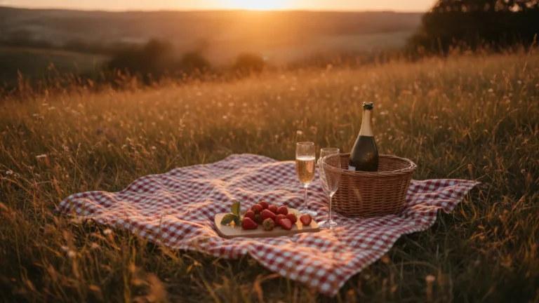 Piknik při západu slunce se sektem a jahodami
