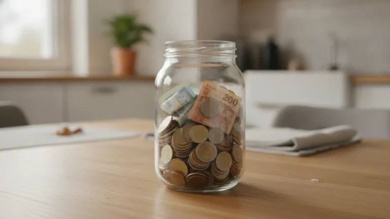 Sklenice s mincemi a bankovkami na kuchyňském stole