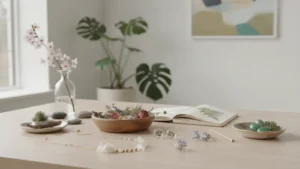 Květinové šperky a sušené květy na stole