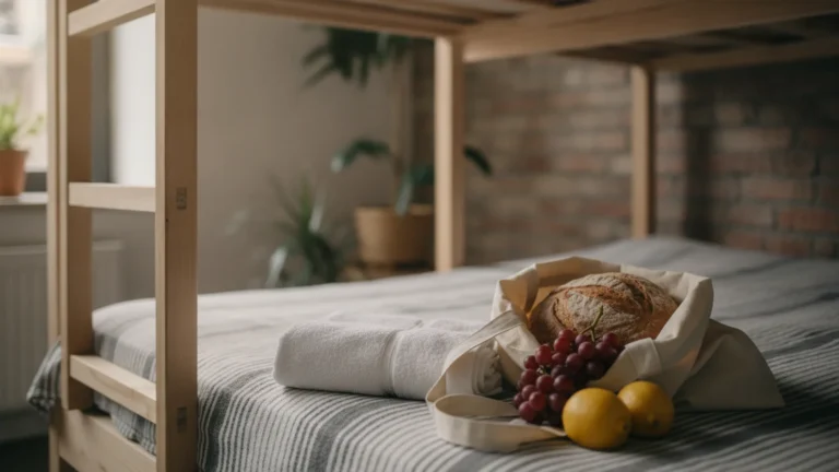 Palanda v hostelu s taškou ovoce a pečiva