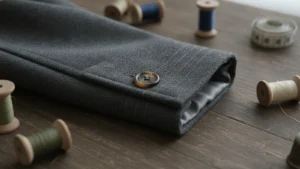 Detail švů a knoflíku na vlněném kabátu