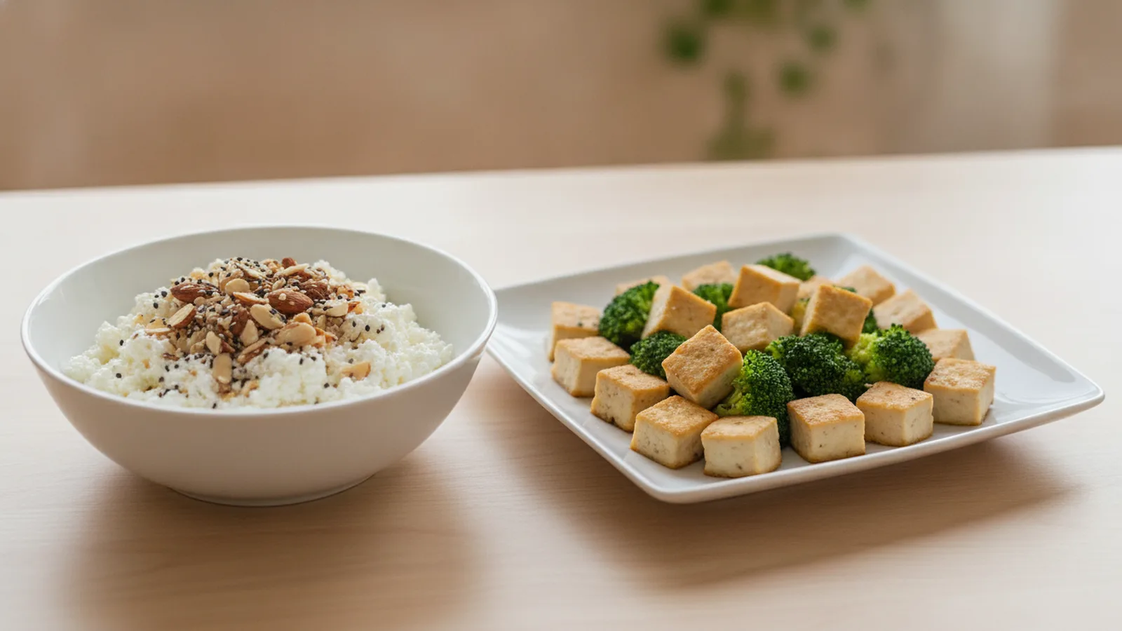 Tvaroh s mandlemi, tofu a brokolice