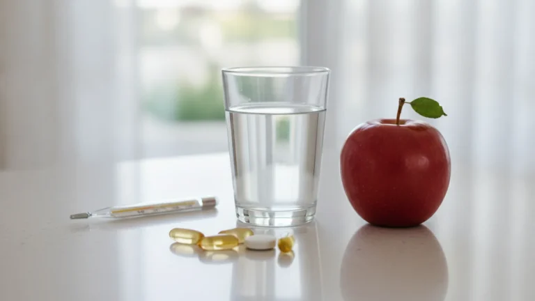 Sklenice vody, jablko a vitaminy na lince