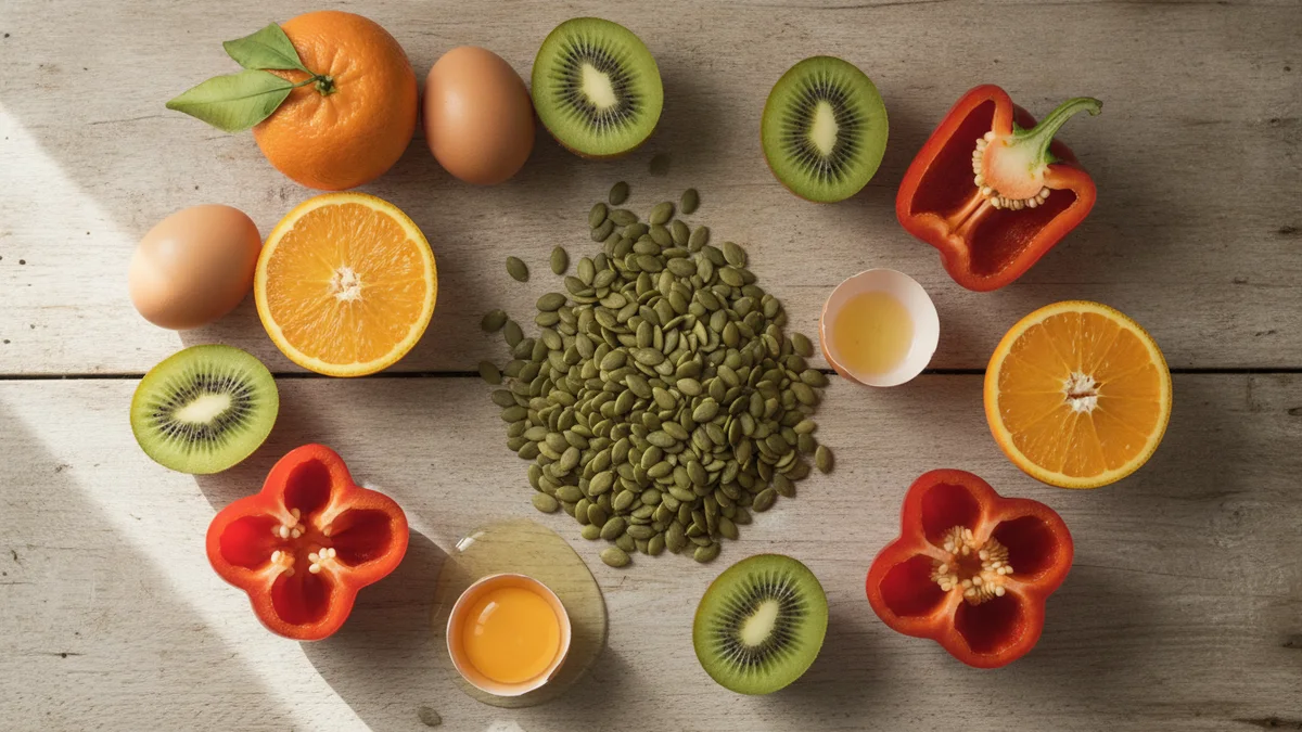 Citrusy, kiwi, paprika, vejce a dýňová semínka