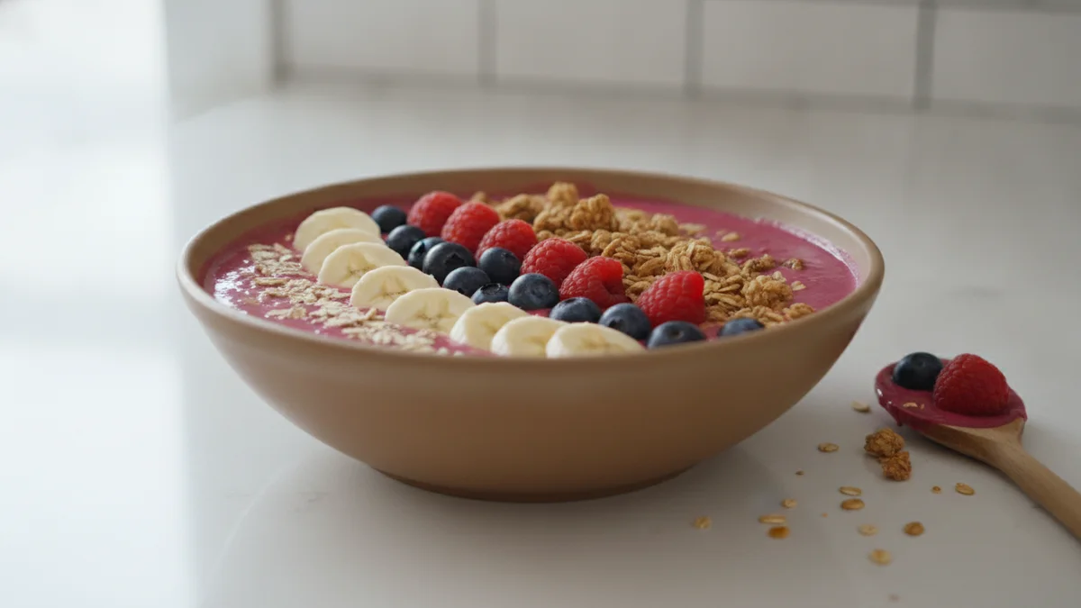 Miska se smoothie bowl, ovocem a granolou