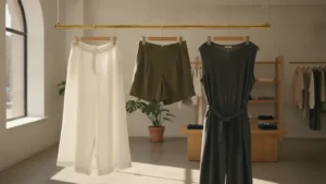 Kalhotová sukně, bermudy a overal na stojanu