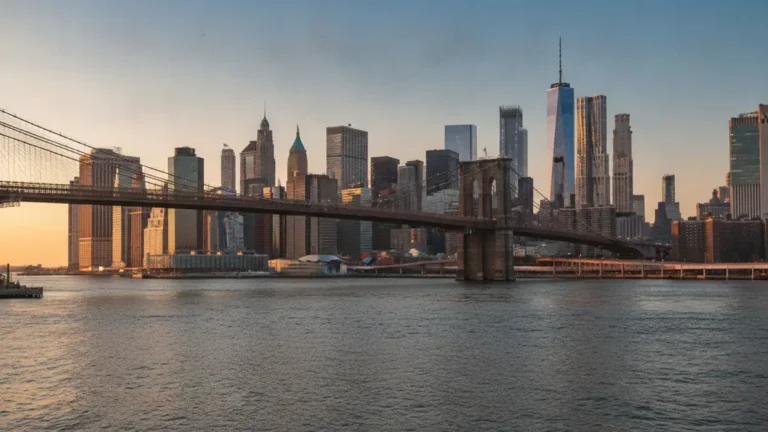 Panorama Manhattanu a Brooklynský most při západu slunce