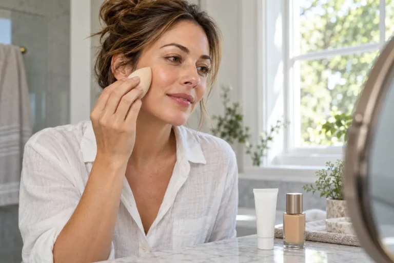 Žena nanáší make-up houbičkou u zrcadla, na stolku je ochranný krém a make-up.