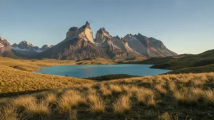Skalnaté štíty Patagonie nad ledovcovým jezerem