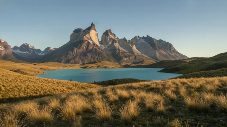 Skalnaté štíty Patagonie nad ledovcovým jezerem