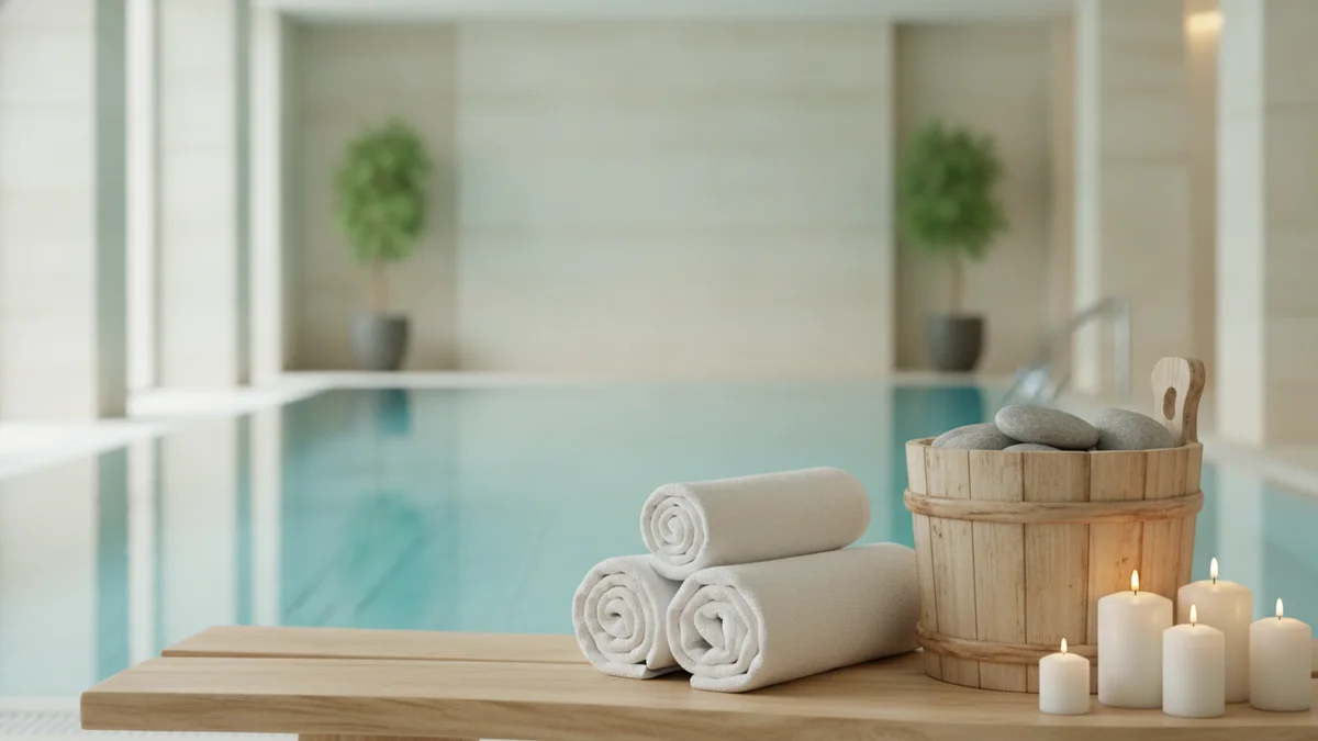 Srolované ručníky a svíčky u wellness bazénu