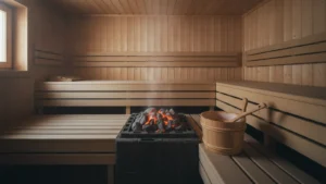 Prázdná finská sauna s vědrem a naběračkou