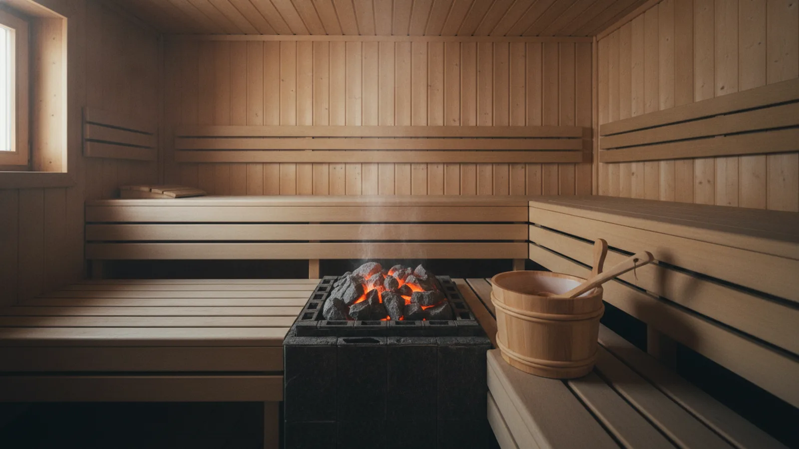 Prázdná finská sauna s vědrem a naběračkou