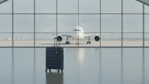 Kufr v letištní hale s letadlem za oknem