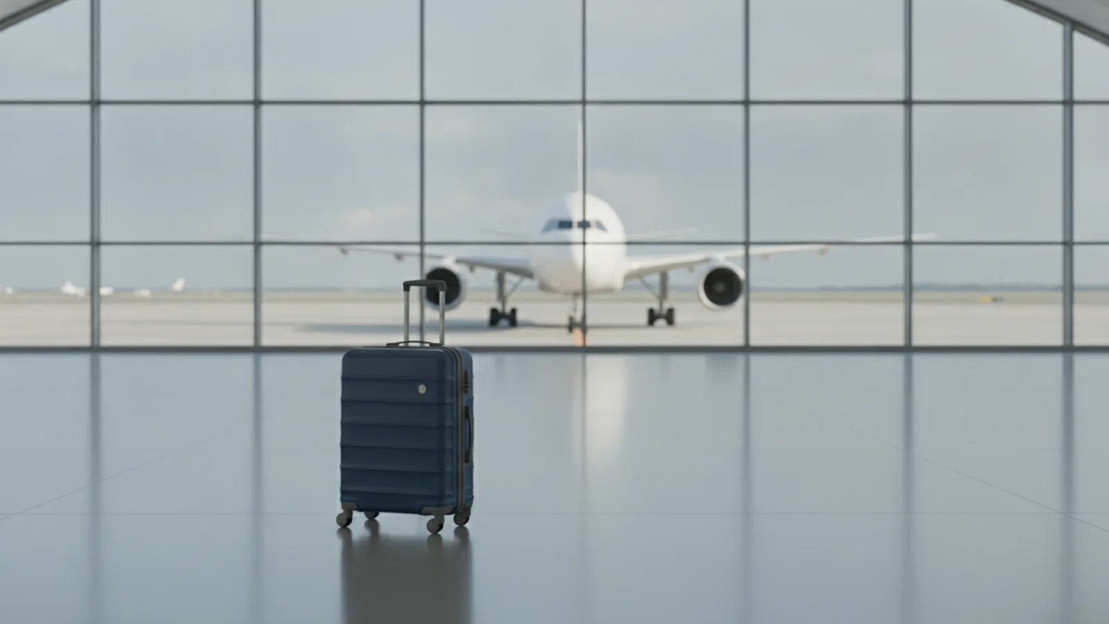 Kufr v letištní hale s letadlem za oknem