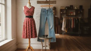 Puntíkované šaty a zvonové džíny ve vintage obchodě