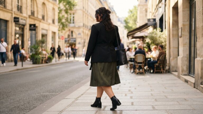 Žena s plnější postavou v zavinovacích šatech a rozepnutém saku jde po městské ulici