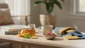 Čaj s medem, citrusy a pletená šála na stole
