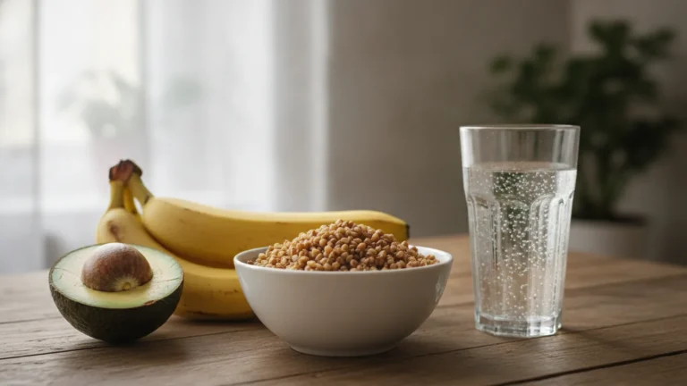 Avokádo, banány, pohanka a sklenice minerálky