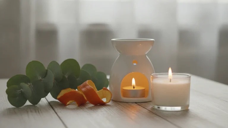 Eukalyptus, pomerančová kůra a aromalampa se svíčkou