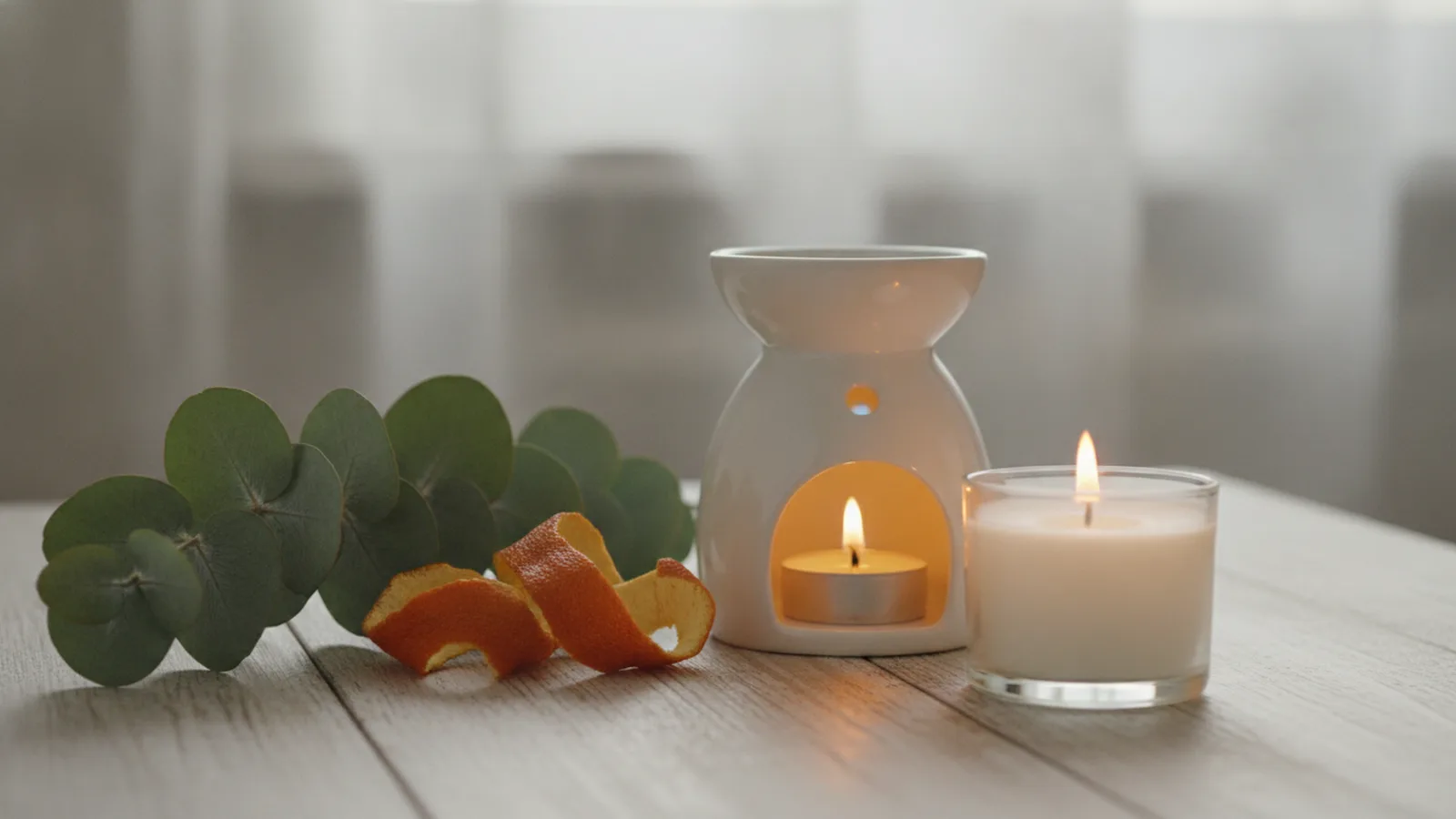 Eukalyptus, pomerančová kůra a aromalampa se svíčkou