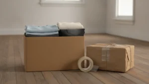 Složené oblečení v krabici a zabalený balíček