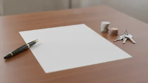Prázdný list papíru, pero, mince a klíče na stole