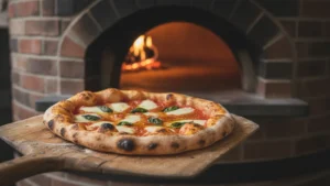 Upečená pizza margherita na dřevěné lopatě