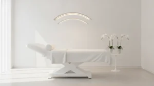Světlá kosmetická ordinace s lehátkem a orchidejí
