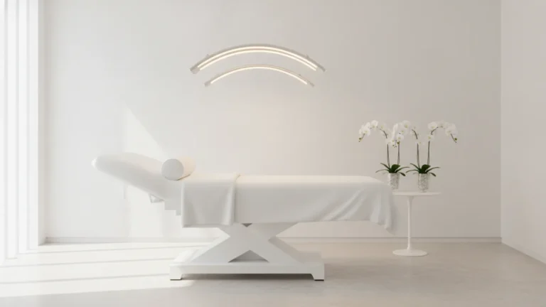 Světlá kosmetická ordinace s lehátkem a orchidejí