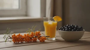 Rakytník, černý rybíz a sklenice pomerančového džusu