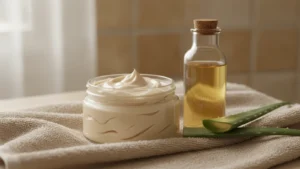 Tělové máslo, olej a aloe vera na ručníku