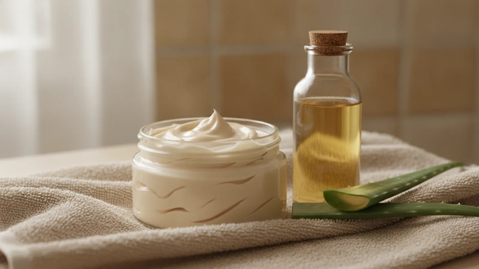 Tělové máslo, olej a aloe vera na ručníku