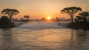 Africká řeka při západu slunce s akáciemi