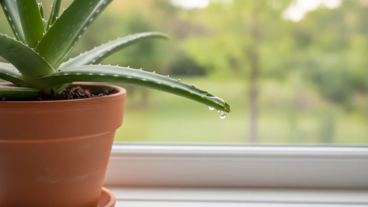 Rostlina aloe vera v květináči s rozříznutým listem