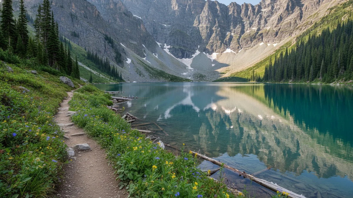 Horské pleso se skalnatými štíty a turistickým chodníkem