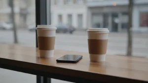 Dva kelímky kávy a telefon na stolku v kavárně