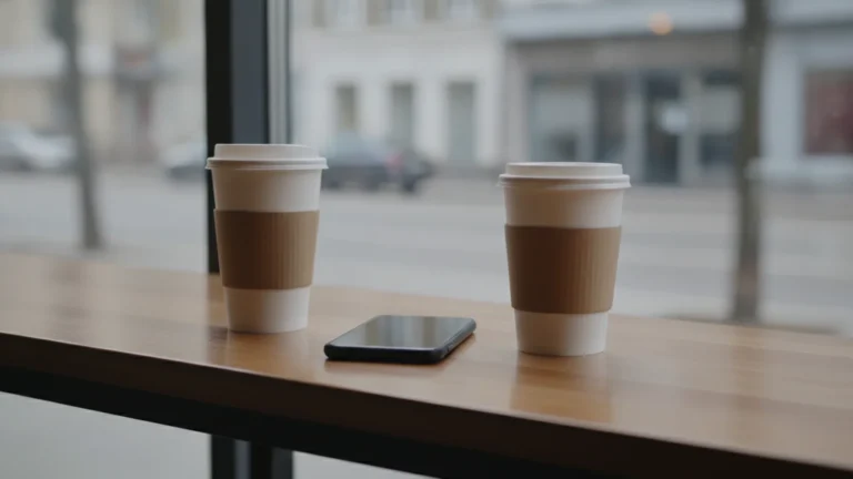 Dva kelímky kávy a telefon na stolku v kavárně